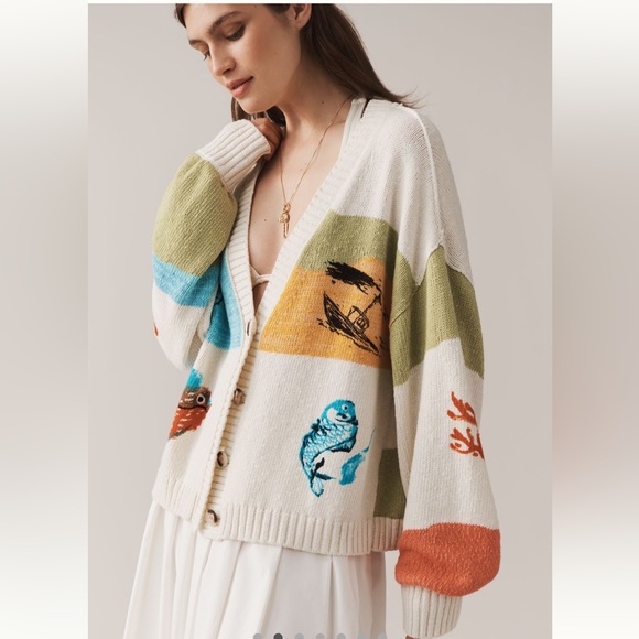 Pilcro Anthro Icon Graphic Fish Beach Cardigan Sweater Medium - Picture 1 of 7